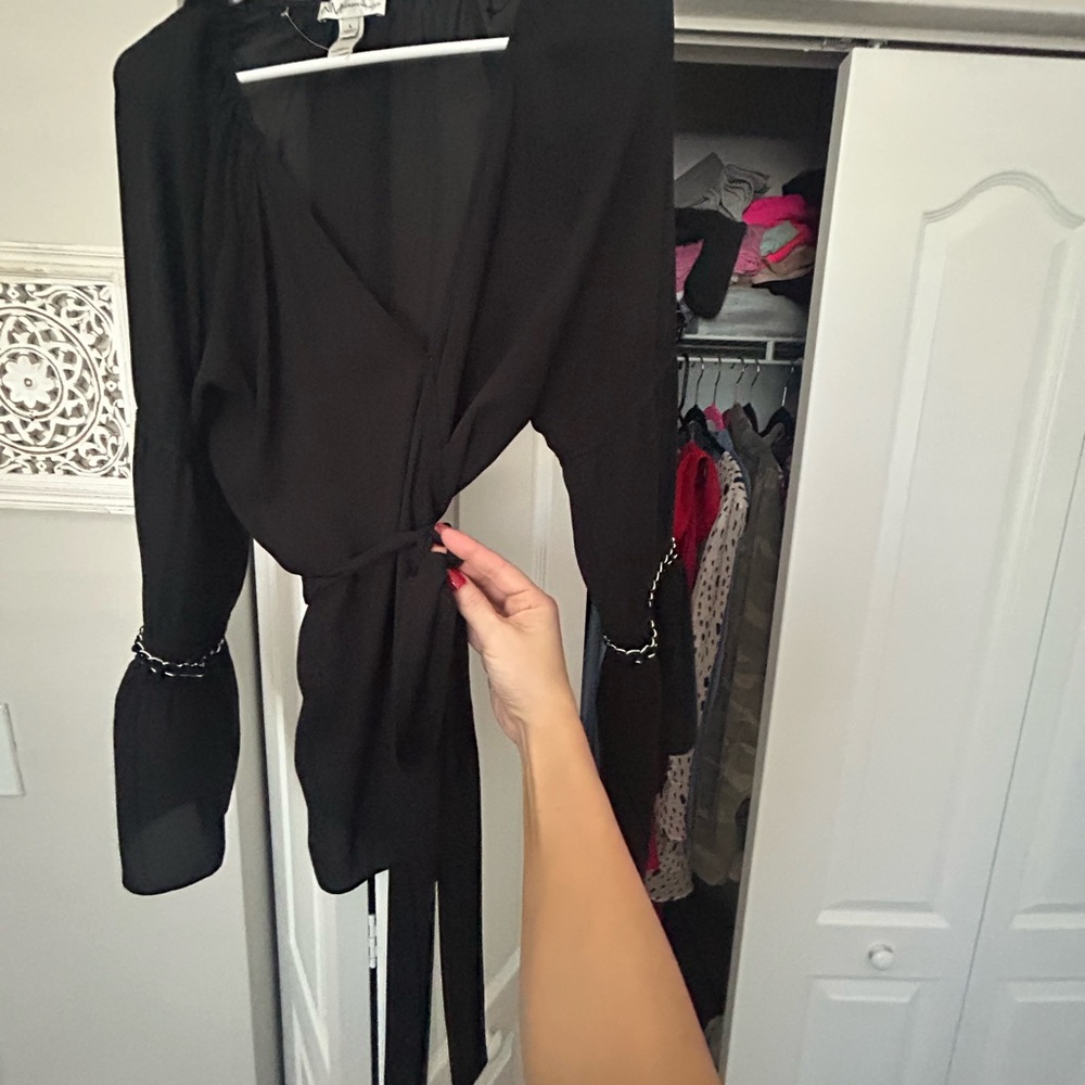 Black Wrap Blouse with Beaded Sleeves